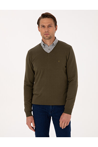 Pierre Cardin Dark Khaki Slim Fit V-Neck Basic Knitwear Sweater 50314190-Vr111