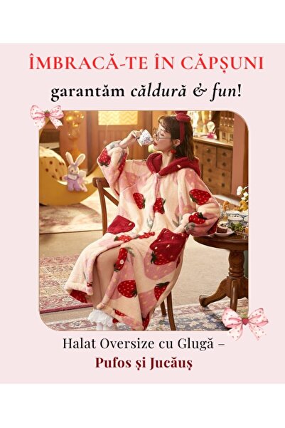 OBRO Oversized Φούτερ με Κουβέρτα – Στάμπα Φράουλα, Χνουδωτό & Ζεστό, OBRO® Ένα Μέγεθος