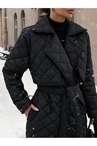 BORCKA TEKSTİL Siyah Renk Kuşaklı Kapitone Kadın Mont