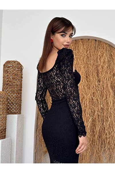 EtikaOnline Royal Dantel Detay Yırtmaçlı Uzun Elbise