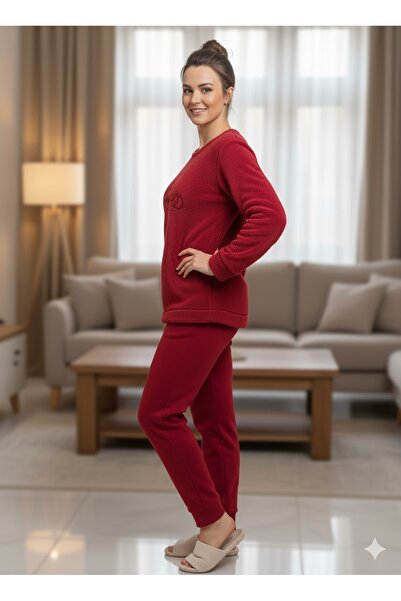 FAMES PİJAMA Women's Burgundy Fleece Pajama Set