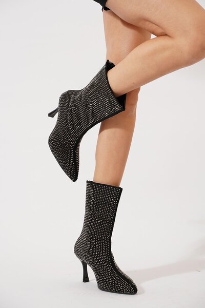 Moda Pie Yesu Komple Taşlı İnce Ökçe Kadın Topuklu Bot Siyah Süet