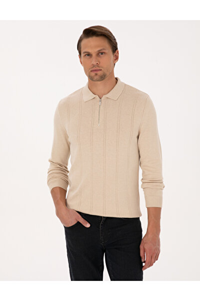 Pierre Cardin سترة تريكو بياقة بولو وسحاب باللون البيج قصة ضيقة 50317398-VR011