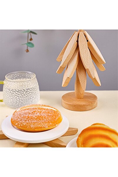 Kawimoda Set of 4 Bamboo Tree Trivets with Stand Heat Resistant Cup and Pot Bottom Folding Trivets