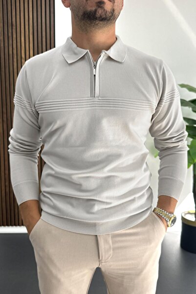 Edwox Men's Slim Fit Stripes Detailed Polo Neck Sweater Gray Edw427