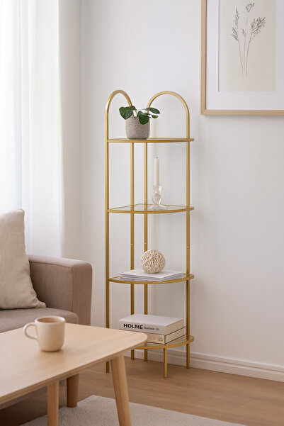 DEKOPRATİK Verona Gold Köşe Kitaplık -Füme Cam Temperli Kırılmaz Raflı Dekoratif Aksesuar Çiçeklik