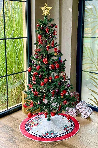 Aden Yılbaşı Ağacı Altı Örtüsü | Yılbaşı Desenli Çam Ağacı Ayak Örtüsü Dot Tabanlı Halı | PAR0359