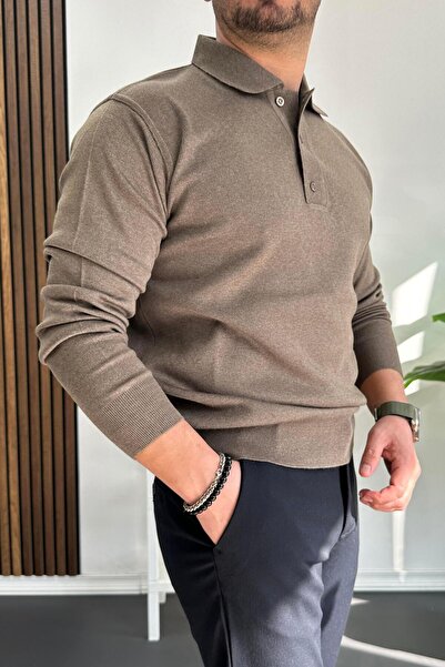Edwox Мъжки пуловер с копчета и поло яка, светлокафяв Edw231