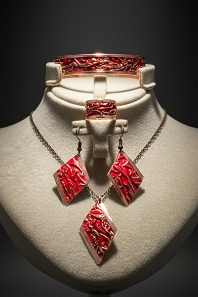 OSMANLI GÜMÜŞ Kadın Bakır Set - Kırmızı Tutkunun Rengi Model Bakır Kadın Kolye Bileklik Yüzük Küpe Set