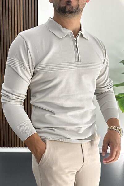 Edwox Men's Slim Fit Stripes Detailed Polo Neck Sweater Gray Edw427
