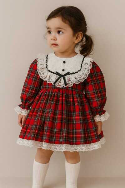 TOGY BABY VE KIDS WEAR Laura Baby Ekoseli ve Fiyonklu Kız Bebek /Çocuk Özel Gün/Doğum Günü /Party Elbise