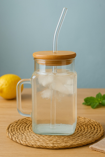 Le Kiv Home Bambu Kapaklı Pipetli Borosilikat Sunum Bardağı, Kahve Bardağı, Kulplu Saplı Bardak