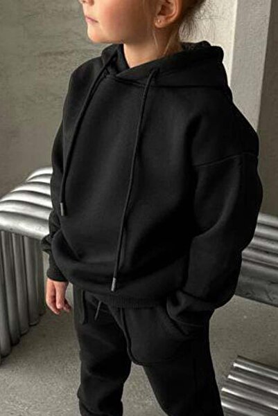 Riccotarz Κοριτσίστικο φούτερ με λεπτομέρεια από επένδυση fleece κλωστές, βαμβακερό μαύρο σετ αθλητικής φόρμας