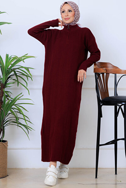 benguen Corded Fabric Knitwear Dress K3005 Claret Red
