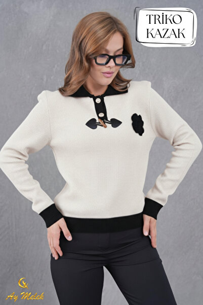 AYMELEK Women's Knitwear Polo Neck Buttoned Corded Fabric Sweater