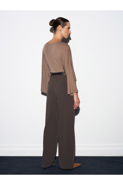 Dilvin 72197 Kemerli Yüksek Bel Pantolon-Koyu Vizon