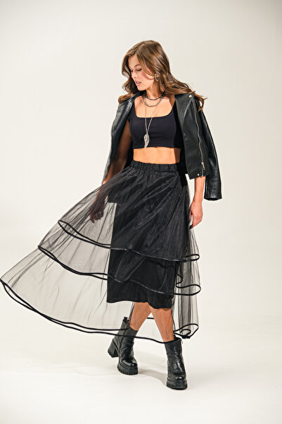 Rosee Quenn Black Long Tulle Skirt with Special Design Layers