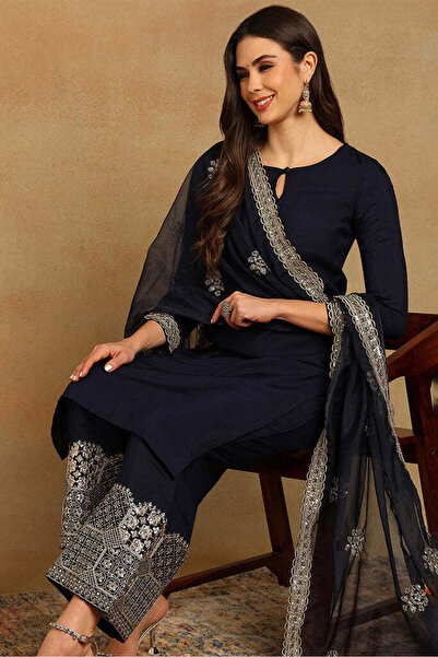 ZERE Navy Blue Silk Blend Solid Embroidered Straight Kurta Set