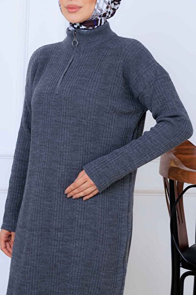 benguen Corded Fabric Knitwear Dress K3005 Anthracite