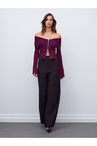 Dilvin 7535 Yanı Fermuarlı Bol Paça Pantolon-Koyu Kahve