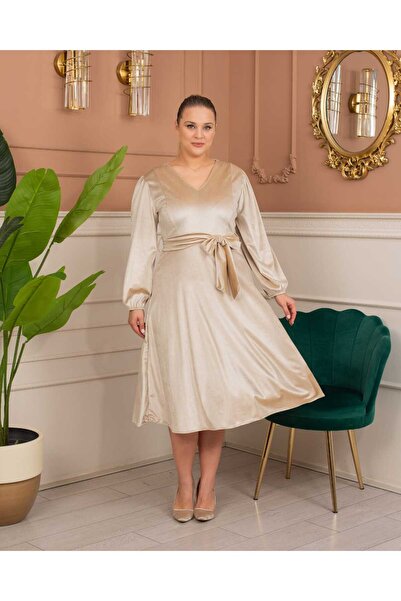 CİXAPLE V-Neck Flared Midi Velvet Dress