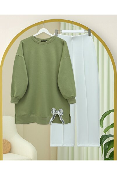 Modamorfo Round Neck Skirt with Bow Detail, Loose Combed Cotton Tunic - Çağla Y.