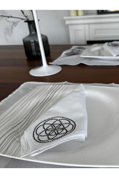Menar Tasarım Service Presentation Napkin 6 Pieces Fabric Napkin Service Napkin Flower of Life Embroidered Fabric