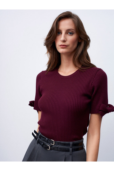 Dilvin 10828 Corded Fabric Short Sleeve Sweater-Burgundy M.