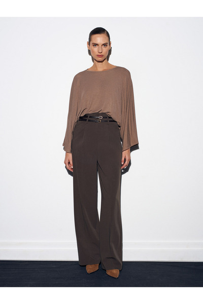 Dilvin 72197 Kemerli Yüksek Bel Pantolon-Koyu Vizon