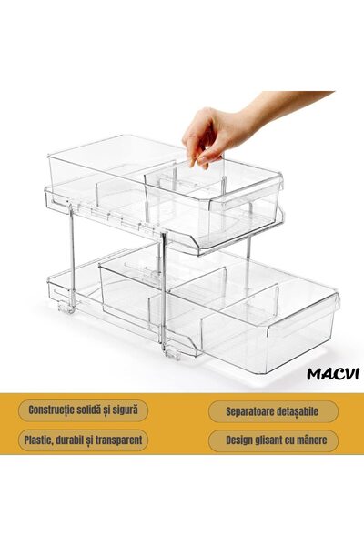 MACVI ® fridge organizer, 2 levels, slide-out drawers, removable dividers, 33x23x19 cm.