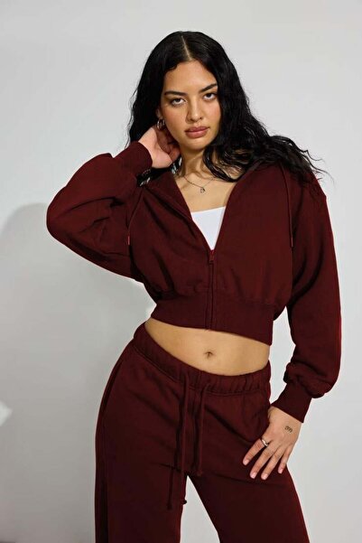 Seeh Burgundy Crop Hooded Zippered Women's Sweatshirt Sh299