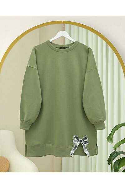 Modamorfo Round Neck Skirt with Bow Detail, Loose Combed Cotton Tunic - Çağla Y.