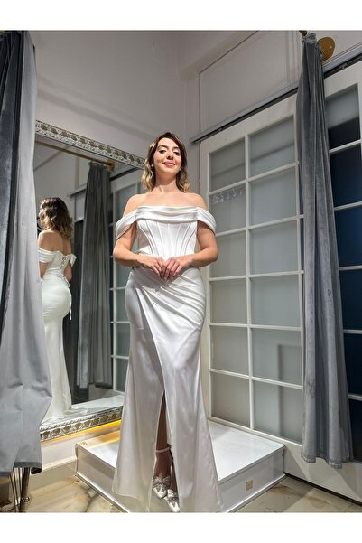 Abiye's BEYAZ KORSELİ BÜSTİYERLİ SATEN BALIK NİŞAN NİKAH SÖZ ABİYESİ YIRTMAÇLI