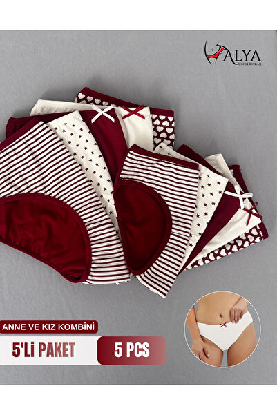 ALYA UNDERWEAR Combinație de chiloți pentru mamă și fiică, slip din bumbac cu imprimeu imprimate, lenjerie pentru femei și fete - burgundy - pachet de 5