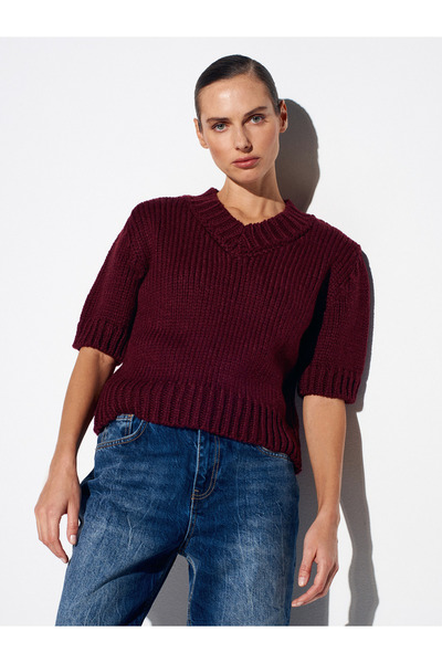 Dilvin 10831 V-Neck Short Sleeve Knitwear Sweater-Burgundy