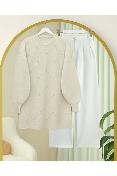 Modamorfo Stone Detailed Square Patterned Knitwear Tunic - Cream