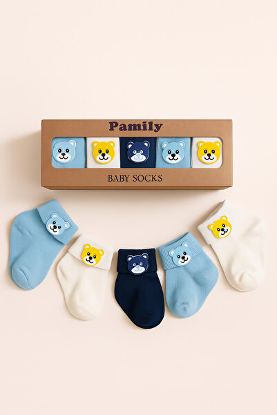 baby socks 5 Çift Kutulu Ayıcık Aksesuarlı Erkek Bebek Çorabı