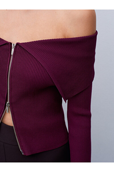 Dilvin 60252 Fermuarlı Fitilli Triko Top-Bordo