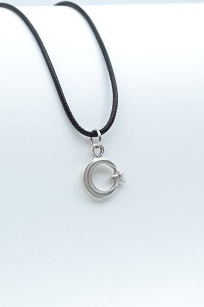 ıdr Minimal Ay Yıldız Gümüş Kaplama Deri İp Kolye