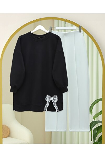 Modamorfo Round Neck Skirt Bow Detailed Loose Combed Cotton Tunic -Black