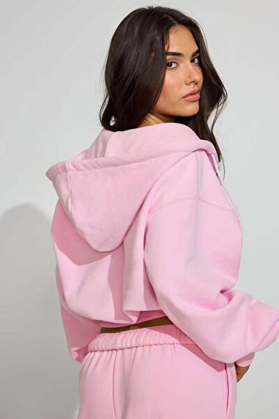 Seeh Pembe Crop Kapşonlu Fermuarlı Kadın Sweatshirt SH299