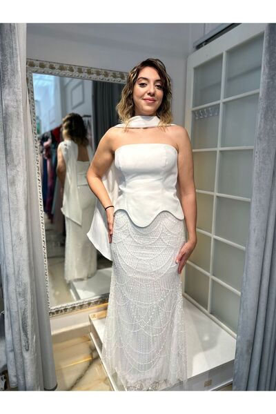 Abiye's BEYAZ BALIK TAŞLI BÜSTİYERLİ NİKAH ELBİSESİ İNCİLİ DANTELLİ