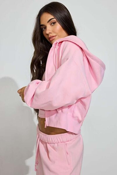 Seeh Pembe Crop Kapşonlu Fermuarlı Kadın Sweatshirt SH299