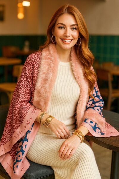 BALIENTE Pink Leopard Faux Fur Plush Women's Poncho