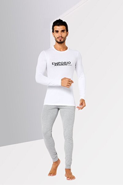 Emporio Armani Men Crew Neck Long Sleeve Sleepwear T-Shirt, White