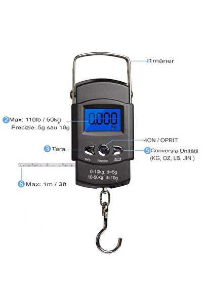 Flippy Ψηφιακή ζυγαριά χειρός με γάντζο, Flippy, χωρητικότητας 50 kg, με ενσωματωμένο χάρακα, 20,5x6x2,5 cm, μαύρη