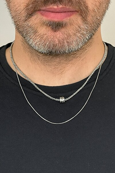 TAKIŞTIR Silver Color Men's Double Chain Steel Necklace