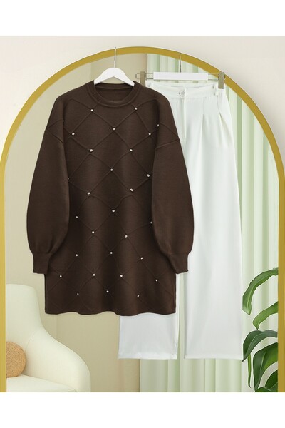 Modamorfo Stone Detailed Square Patterned Knitwear Tunic - Brown