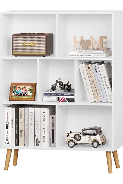 Chulovs 3-Tier Cube Bookshelf, Mid-Century Modern, White Legs, Open Wooden Shelves