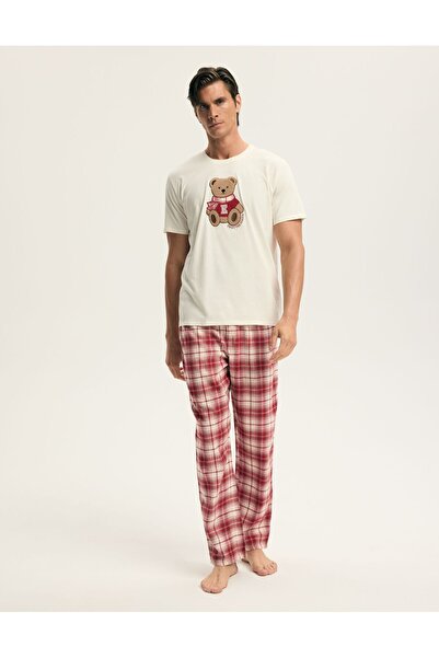 ESOTIQ HOMME Men's Pajama Set Christmas Pattern Teddy Bear & Plaid Trousers 100% Cotton | Chrismis